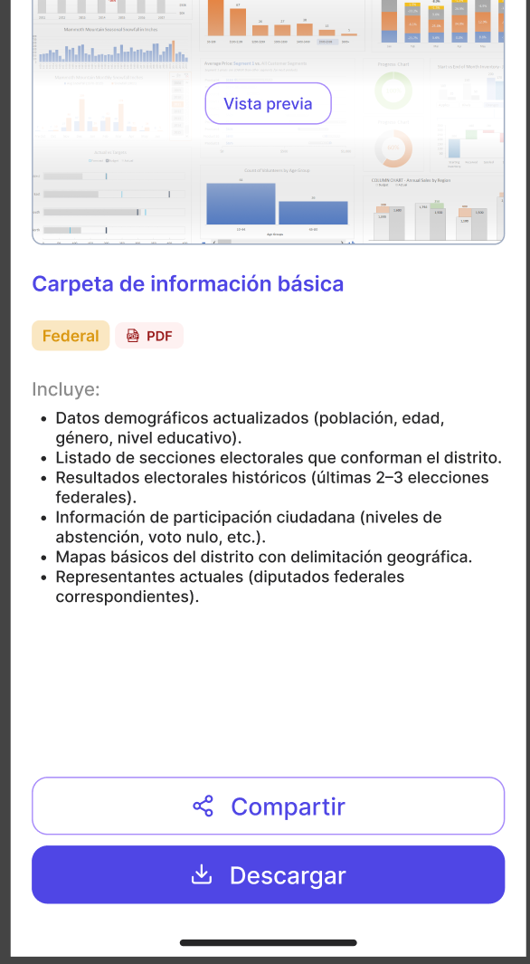Detalle de producto con vista previa, compartir y descargar